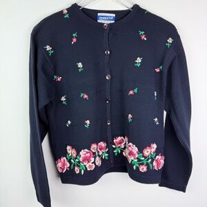 PENDLETON Navy Blue Cardigan Sweater with Embroidered Pink Flowers